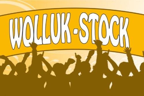 logo Wolluk-Stock met illustratie van dansende en juichende mensen