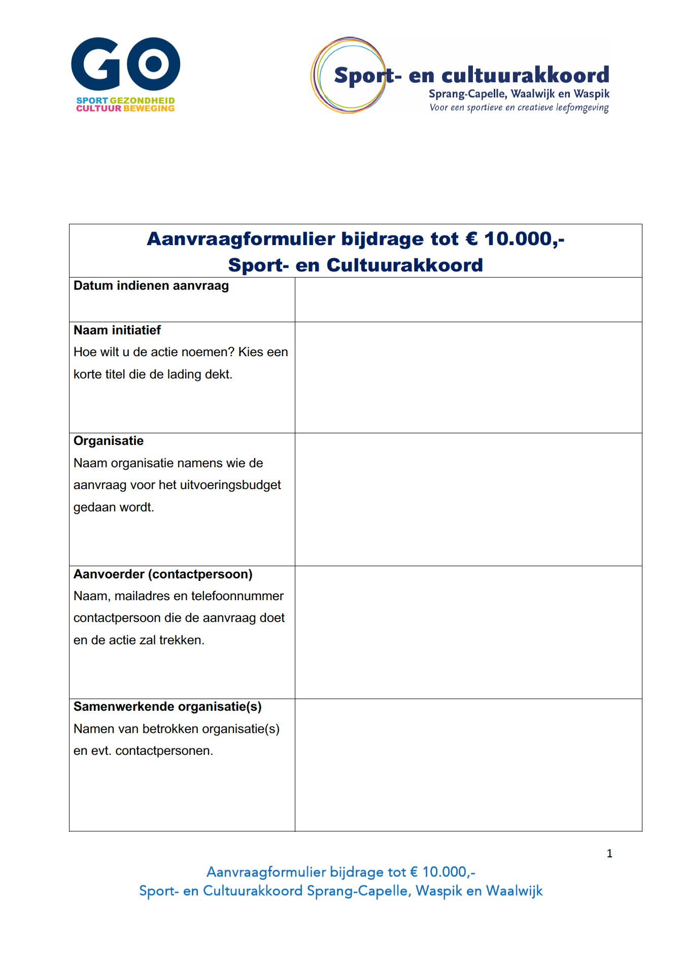 Aanvraagformulier tot 10.000 euro uit Waalwijks Sport- en Cultuurakkoord