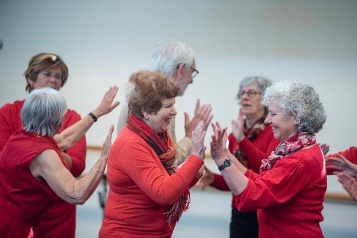 groep senioren dansend en in beweging