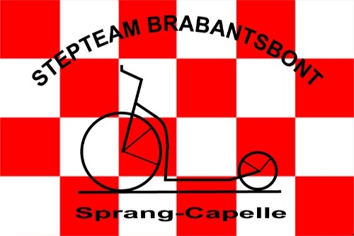 logo Stepteam Brabantsbont met rood-wit geblokt patroon en tekening van een step