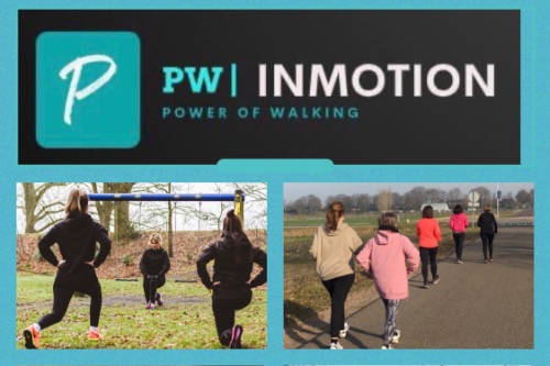 logo PW Inmotion en 2 foto's van wandelgroep en een warming-up