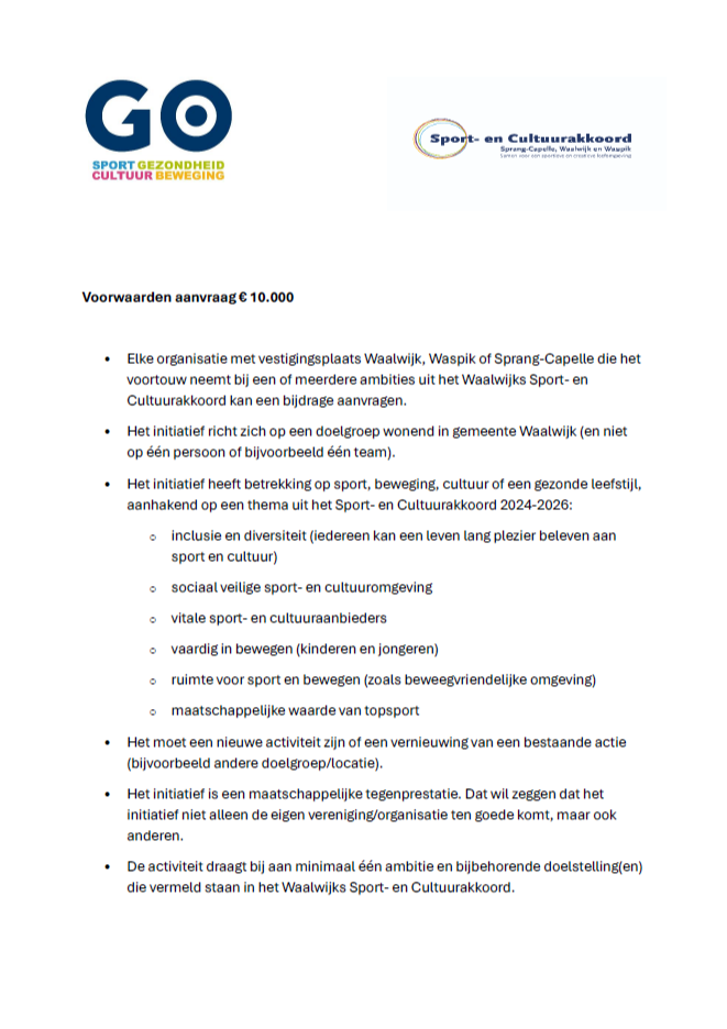 Voorwaarden aanvraag 10.000 Sport- en Cultuurakkoord